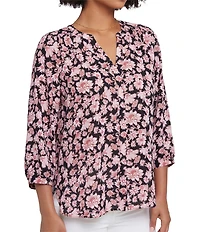 NYDJ Woven Floral Printed Split V-Neck Button Front 3/4 Sleeve Blouse