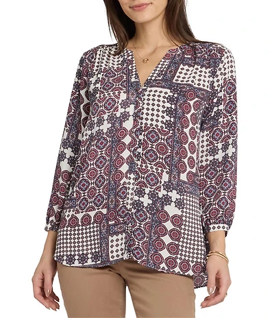 NYDJ Woven Floral Split V-Neck Button Front 3/4 Sleeve Blouse