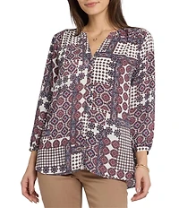 NYDJ Woven Floral Split V-Neck Button Front 3/4 Sleeve Blouse