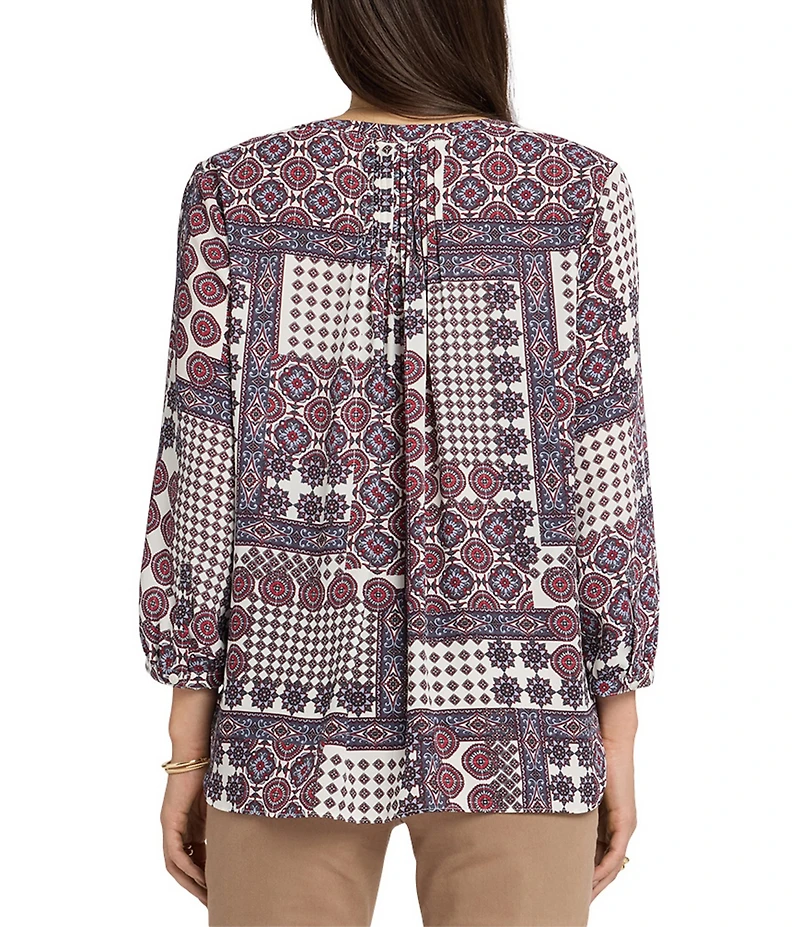 NYDJ Woven Floral Split V-Neck Button Front 3/4 Sleeve Blouse