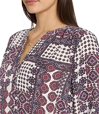 NYDJ Woven Floral Split V-Neck Button Front 3/4 Sleeve Blouse