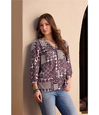 NYDJ Woven Floral Split V-Neck Button Front 3/4 Sleeve Blouse