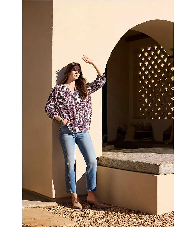 NYDJ Woven Floral Split V-Neck Button Front 3/4 Sleeve Blouse