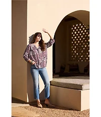 NYDJ Woven Floral Split V-Neck Button Front 3/4 Sleeve Blouse