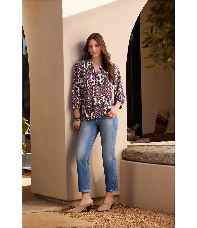 NYDJ Woven Floral Split V-Neck Button Front 3/4 Sleeve Blouse