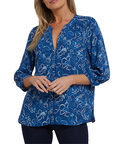 NYDJ Woven Floral Split V-Neck Button Front 3/4 Sleeve Blouse