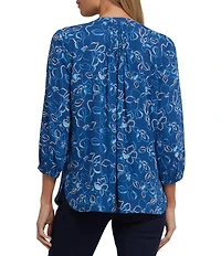 NYDJ Woven Floral Split V-Neck Button Front 3/4 Sleeve Blouse