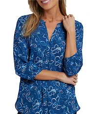 NYDJ Woven Floral Split V-Neck Button Front 3/4 Sleeve Blouse