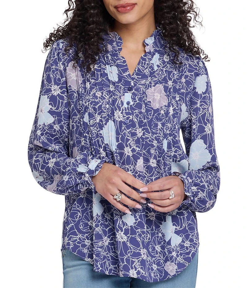 NYDJ Woven Print Stand Collar Long Sleeve Pleated Front Tunic