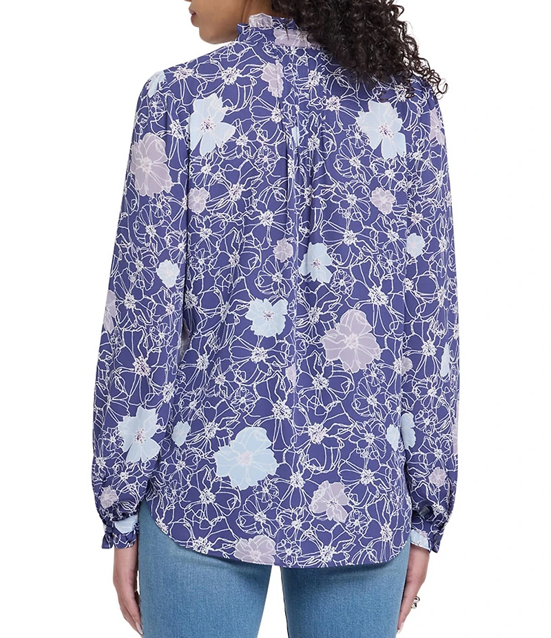 NYDJ Woven Print Stand Collar Long Sleeve Pleated Front Tunic