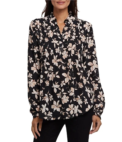 NYDJ Woven Print Stand Collar Long Sleeve Pleated Front Tunic