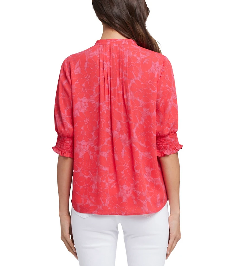 NYDJ Woven Printed Round Neck Pleated Short Smocked Sleeve Top