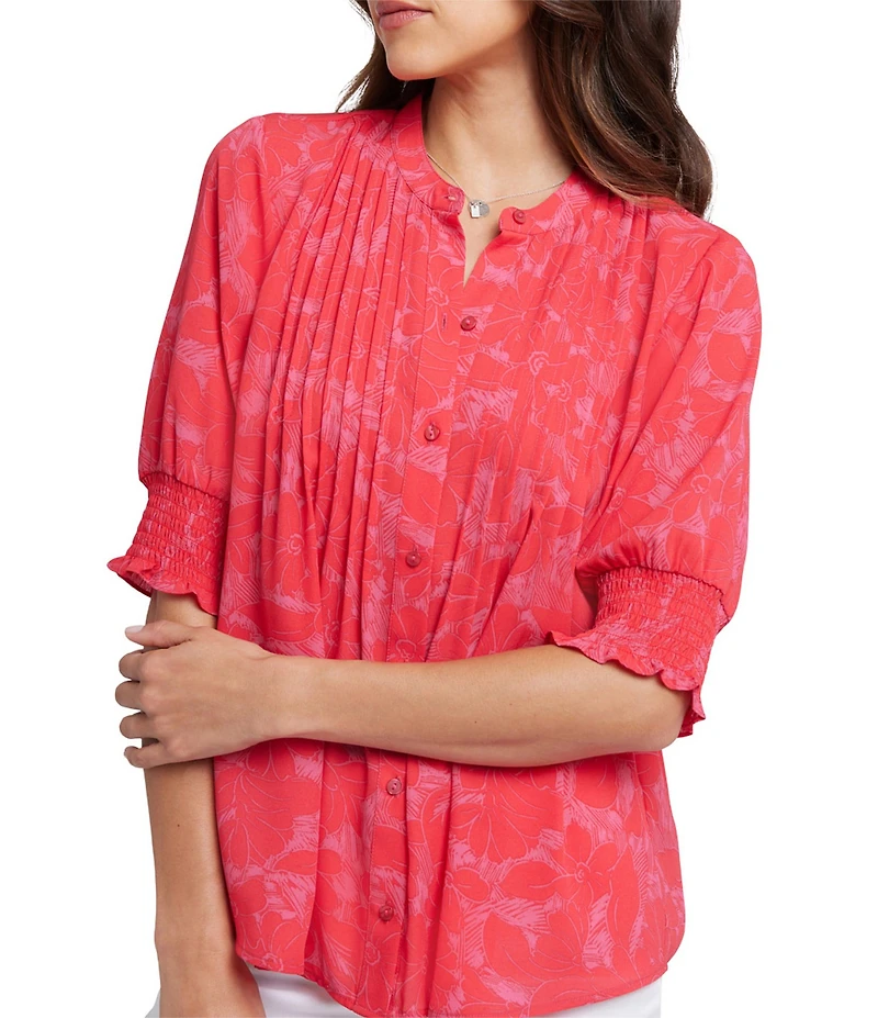 NYDJ Woven Printed Round Neck Pleated Short Smocked Sleeve Top