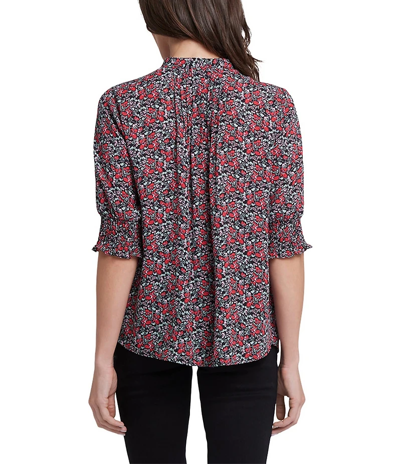 NYDJ Woven Floral Printed Round Neck Short Smocked Sleeve Top