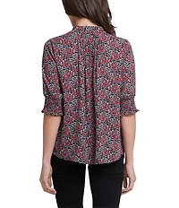 NYDJ Woven Floral Printed Round Neck Short Smocked Sleeve Top