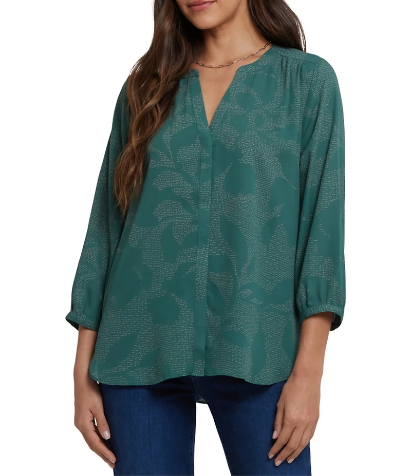 NYDJ Woven Printed Split V-Neck 3/4 Sleeve Button Front Blouse
