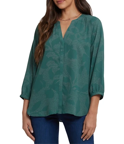 NYDJ Woven Printed Split V-Neck 3/4 Sleeve Button Front Blouse