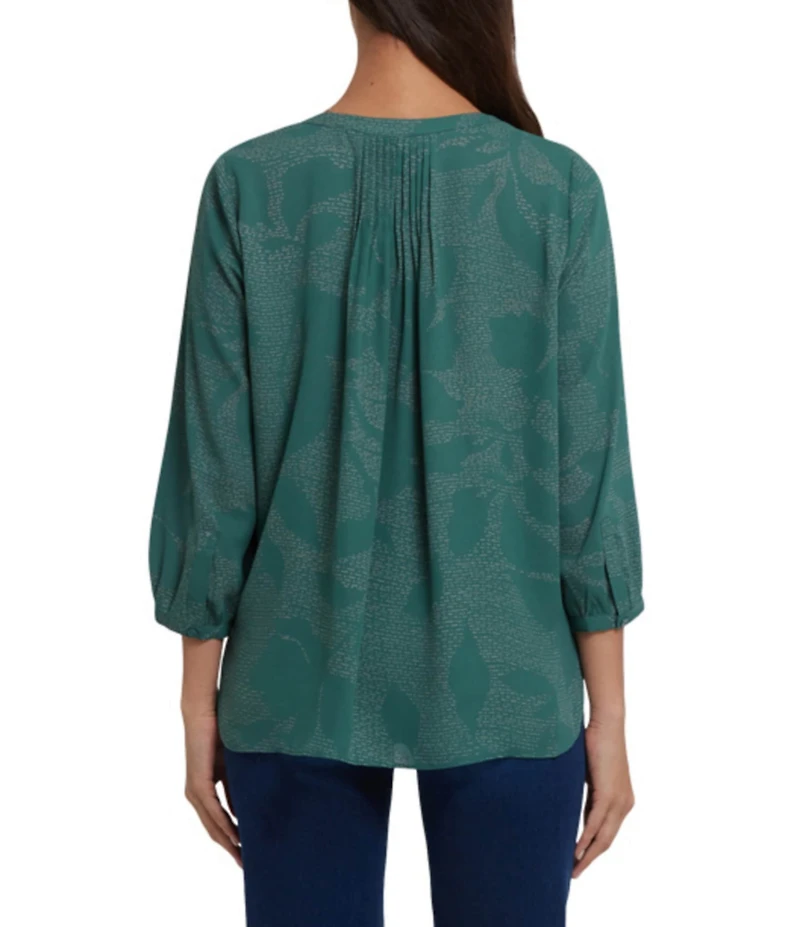 NYDJ Woven Printed Split V-Neck 3/4 Sleeve Button Front Blouse