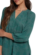 NYDJ Woven Printed Split V-Neck 3/4 Sleeve Button Front Blouse