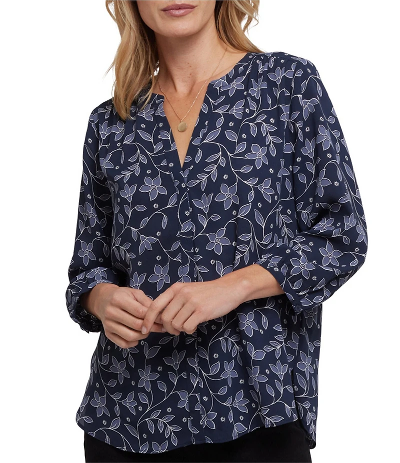 NYDJ Woven Printed Split V-Neck Button Front 3/4 Sleeve Blouse