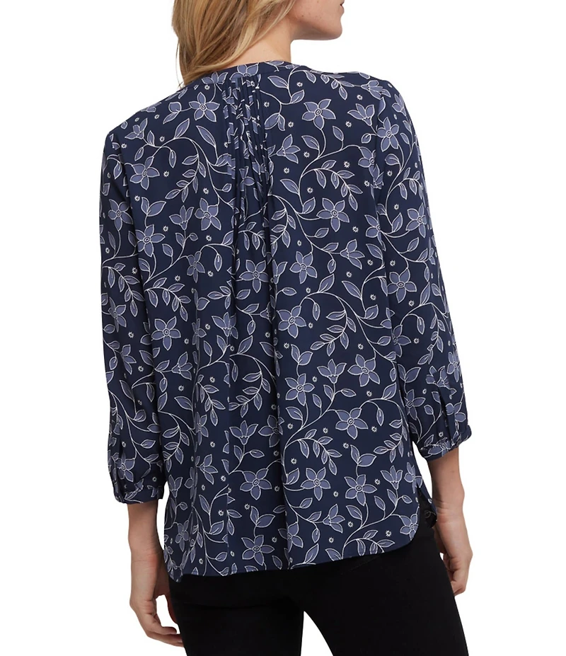 NYDJ Woven Printed Split V-Neck Button Front 3/4 Sleeve Blouse