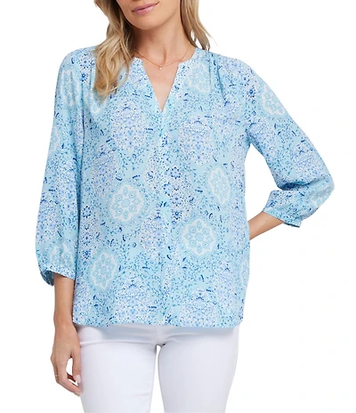 NYDJ Woven Printed Split V-Neck Button Front 3/4 Sleeve Blouse