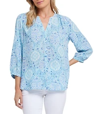 NYDJ Woven Printed Split V-Neck Button Front 3/4 Sleeve Blouse