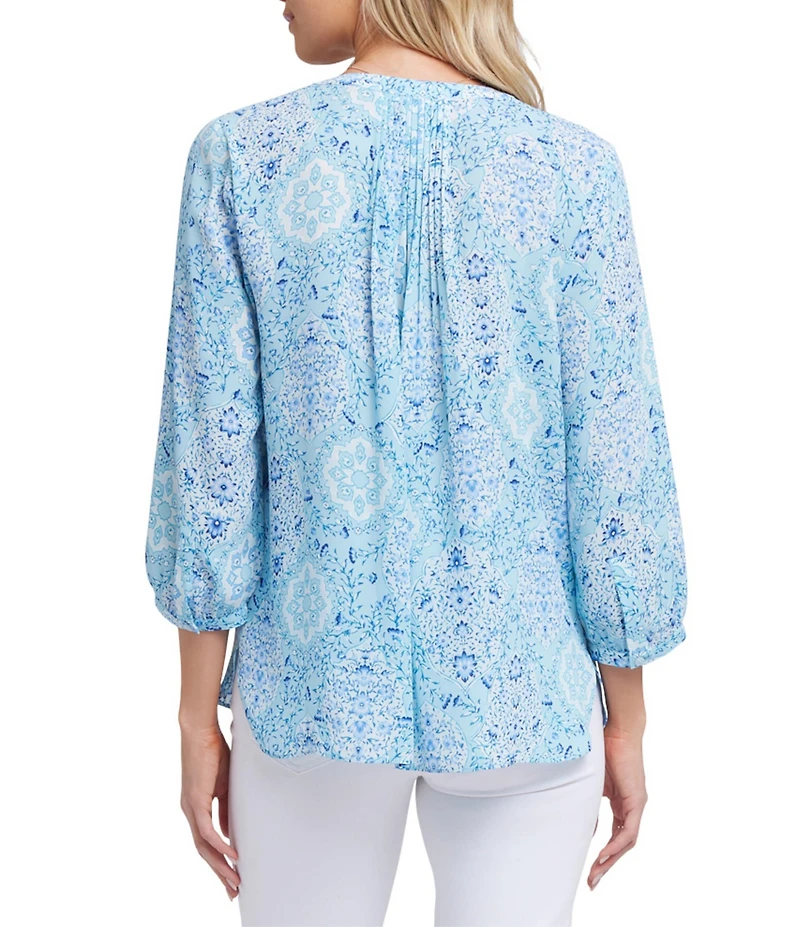 NYDJ Woven Printed Split V-Neck Button Front 3/4 Sleeve Blouse