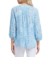 NYDJ Woven Printed Split V-Neck Button Front 3/4 Sleeve Blouse