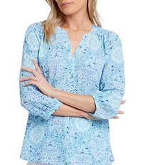 NYDJ Woven Printed Split V-Neck Button Front 3/4 Sleeve Blouse