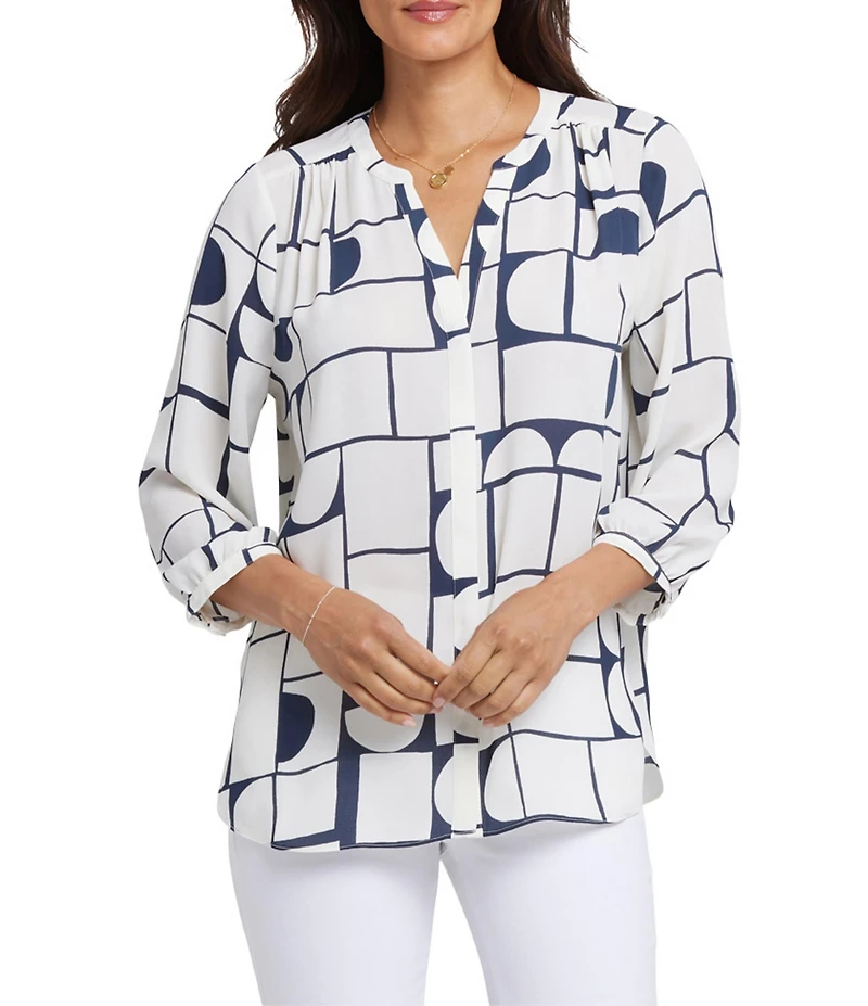 NYDJ Woven Geometric Printed Split V-Neck Button Front 3/4 Sleeve Blouse