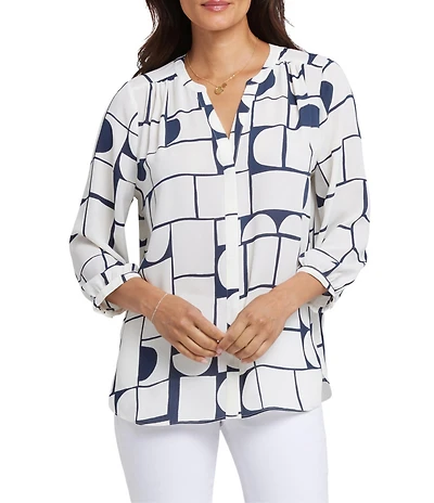 NYDJ Woven Geometric Printed Split V-Neck Button Front 3/4 Sleeve Blouse
