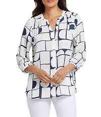 NYDJ Woven Geometric Printed Split V-Neck Button Front 3/4 Sleeve Blouse