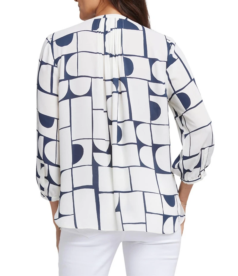 NYDJ Woven Geometric Printed Split V-Neck Button Front 3/4 Sleeve Blouse