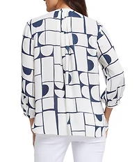NYDJ Woven Geometric Printed Split V-Neck Button Front 3/4 Sleeve Blouse