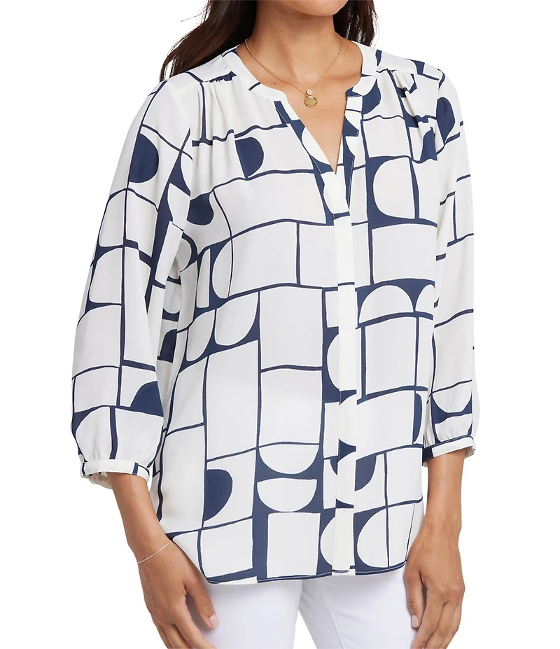 NYDJ Woven Geometric Printed Split V-Neck Button Front 3/4 Sleeve Blouse