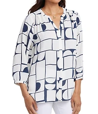 NYDJ Woven Geometric Printed Split V-Neck Button Front 3/4 Sleeve Blouse