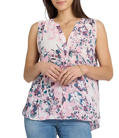 NYDJ Woven Sleeveless Inverted Pleat Mandarin Collar Pintuck Blouse