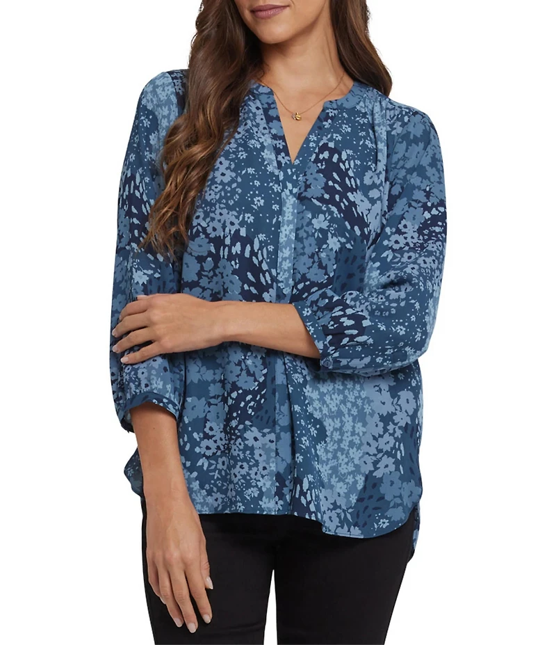 NYDJ Woven Split V-Neck Floral Print Button Front 3/4 Sleeve Blouse