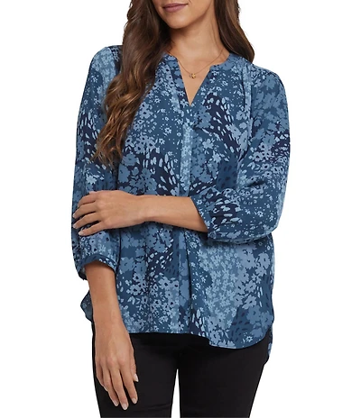 NYDJ Woven Split V-Neck Floral Print Button Front 3/4 Sleeve Blouse