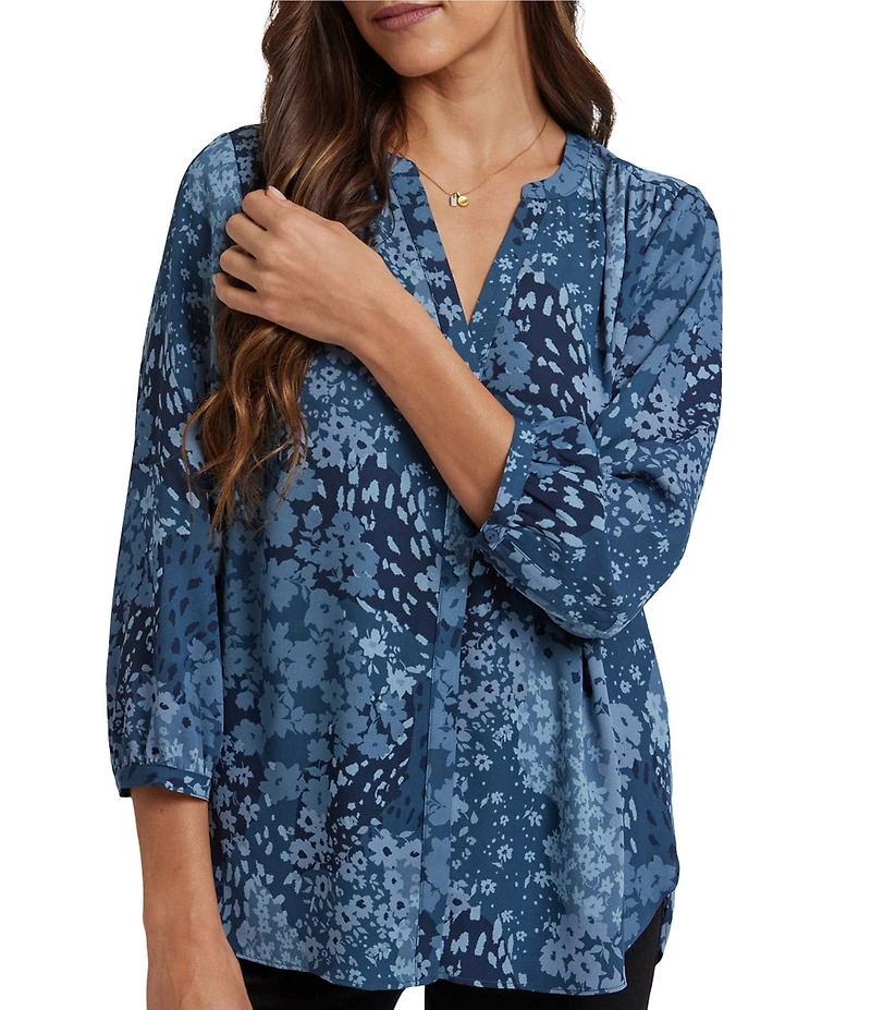 NYDJ Woven Split V-Neck Floral Print Button Front 3/4 Sleeve Blouse