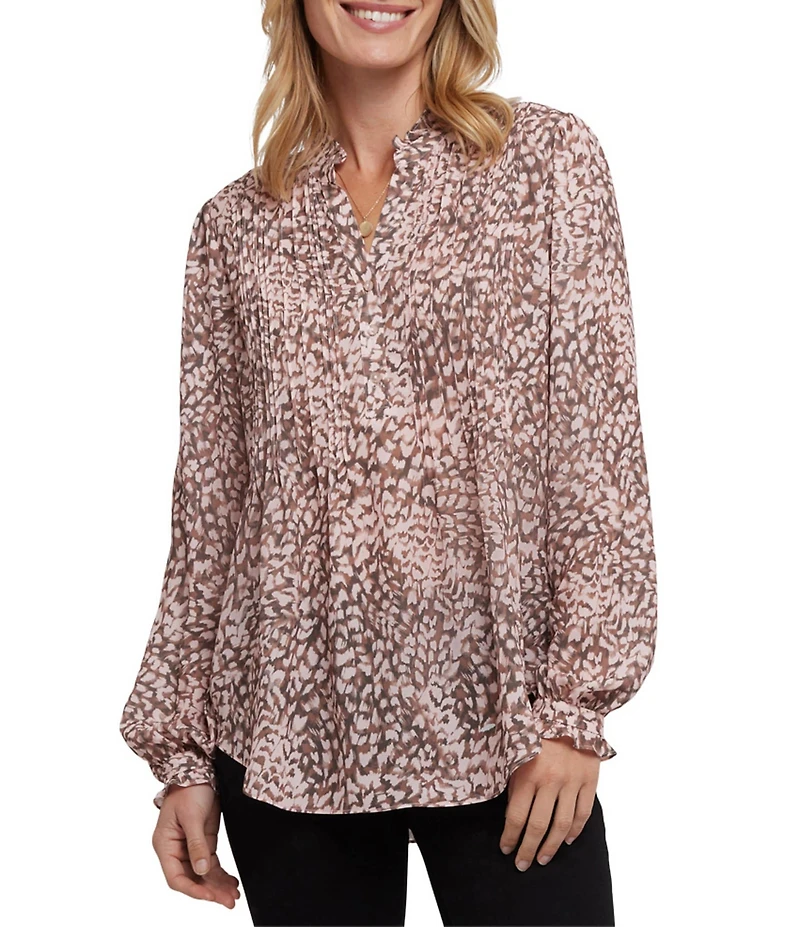 NYDJ Woven Printed Stand Collar Long Sleeve Pleated Front Tunic