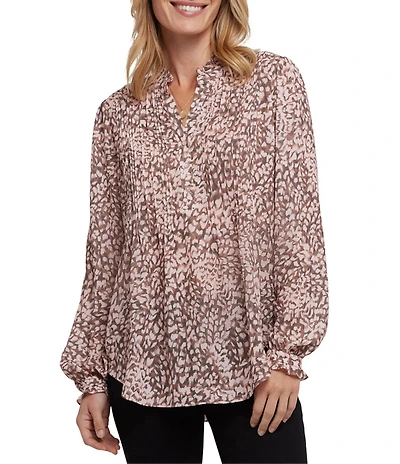 NYDJ Woven Printed Stand Collar Long Sleeve Pleated Front Tunic