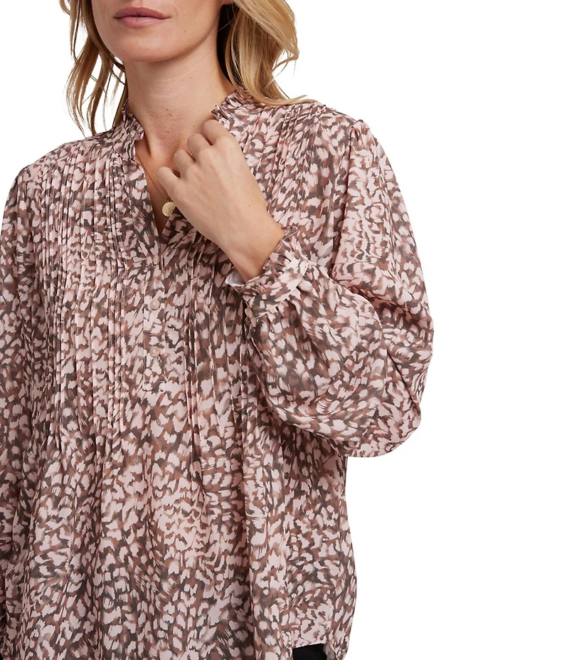 NYDJ Woven Printed Stand Collar Long Sleeve Pleated Front Tunic