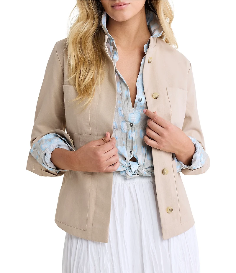 nz by Nic + Zoe Cotton Twill Banded Collar Long Sleeve Button-Front Barn Jacket