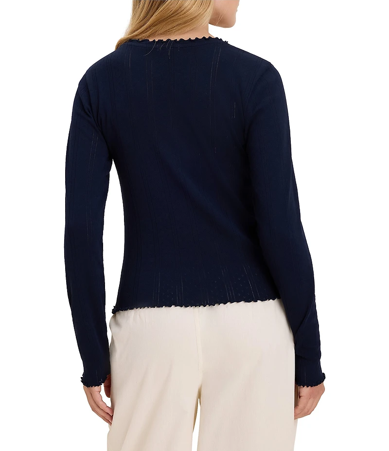 nz by NIC + ZOE Pointelle Rib Knit Cleo Scalloped Scoop Neck Long Sleeve Fitted Tee