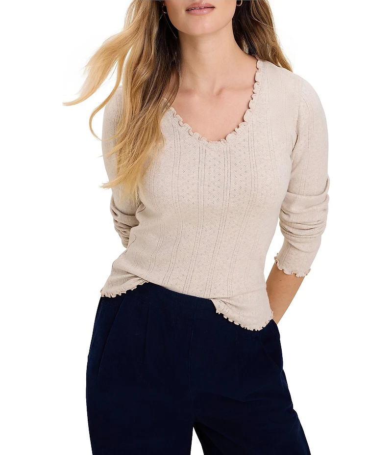 nz by NIC + ZOE Pointelle Rib Knit Cleo Scalloped Scoop Neck Long Sleeve Fitted Tee