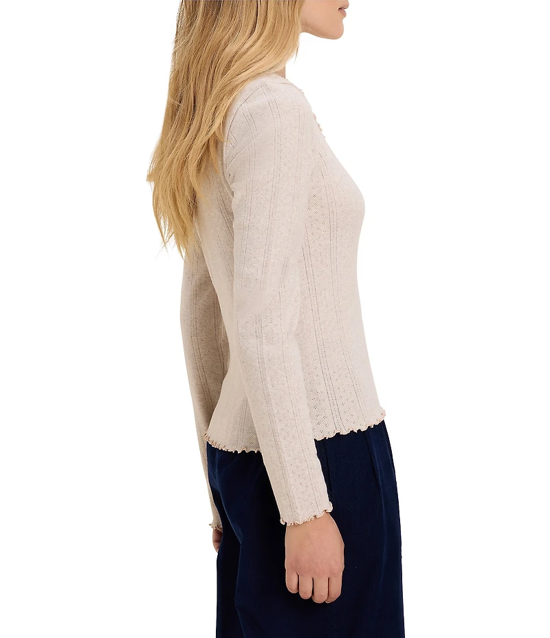 nz by NIC + ZOE Pointelle Rib Knit Cleo Scalloped Scoop Neck Long Sleeve Fitted Tee