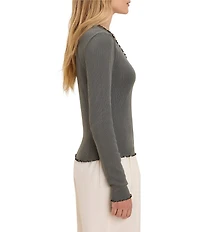 nz by NIC + ZOE Pointelle Rib Knit Cleo Scalloped Scoop Neck Long Sleeve Fitted Tee