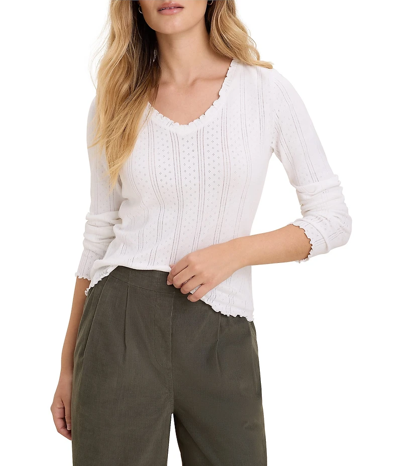 nz by NIC + ZOE Pointelle Rib Knit Cleo Scalloped Scoop Neck Long Sleeve Fitted Tee